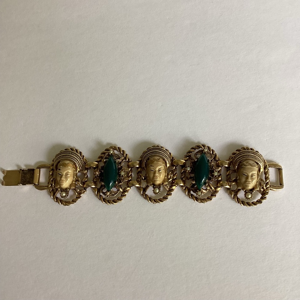 Vintage Selro Bracelet Asian Princess Thai Girl Panel Figural Link Chunky Deco